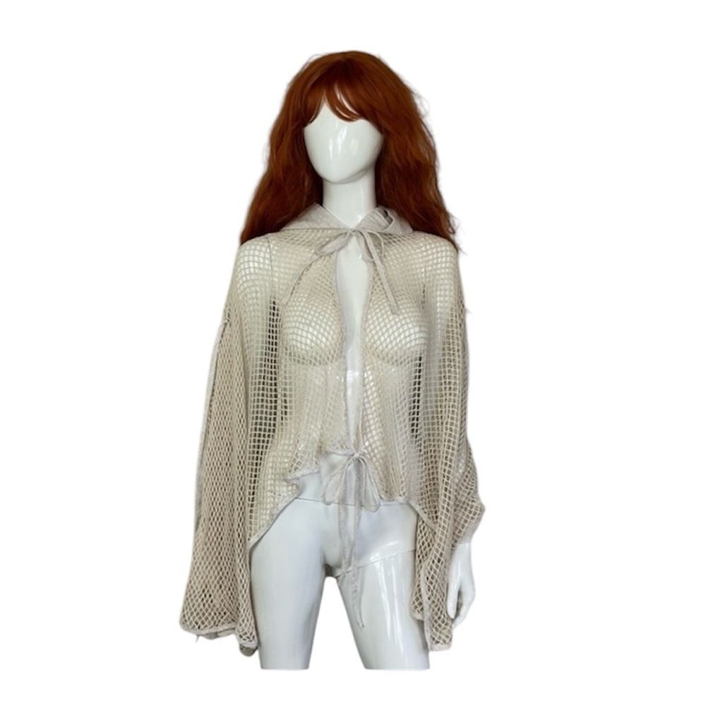 NEW H4 Cream Fish Net Open Knit Front Tie Cotton Hooded Cape Boho Cardigan OS